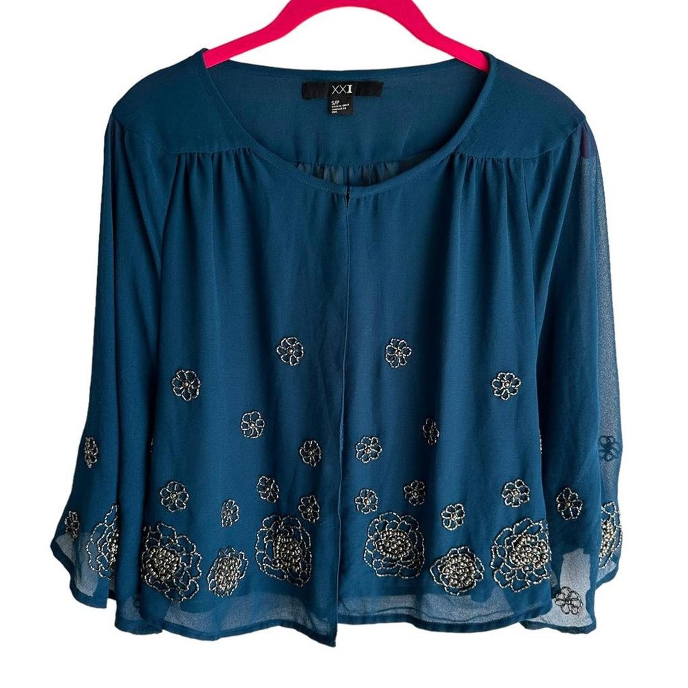 Forever 21 Teal Blue Floral Embellished Chiffon Sweater
